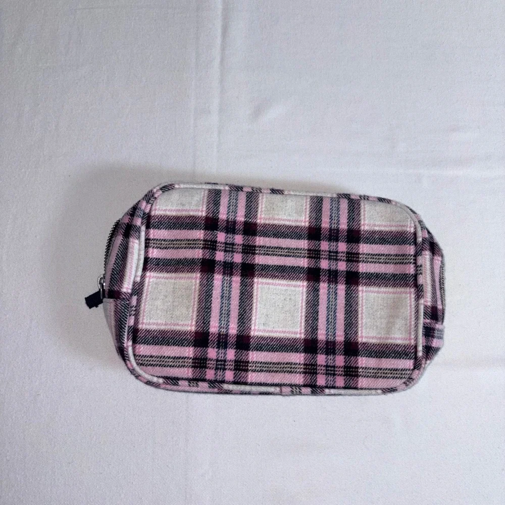 Jack Wills Makeup Bag Pink Plaid Excellent Wool Blend Preppy Cosmetic Pouch